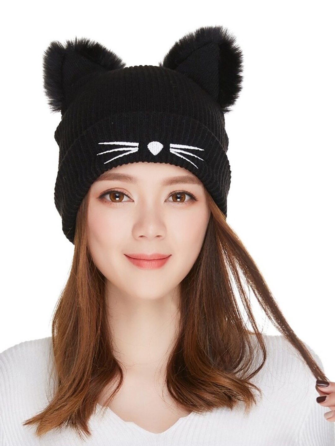 

YOUSTYLO Unisex Printed Woollen Beanie, Black