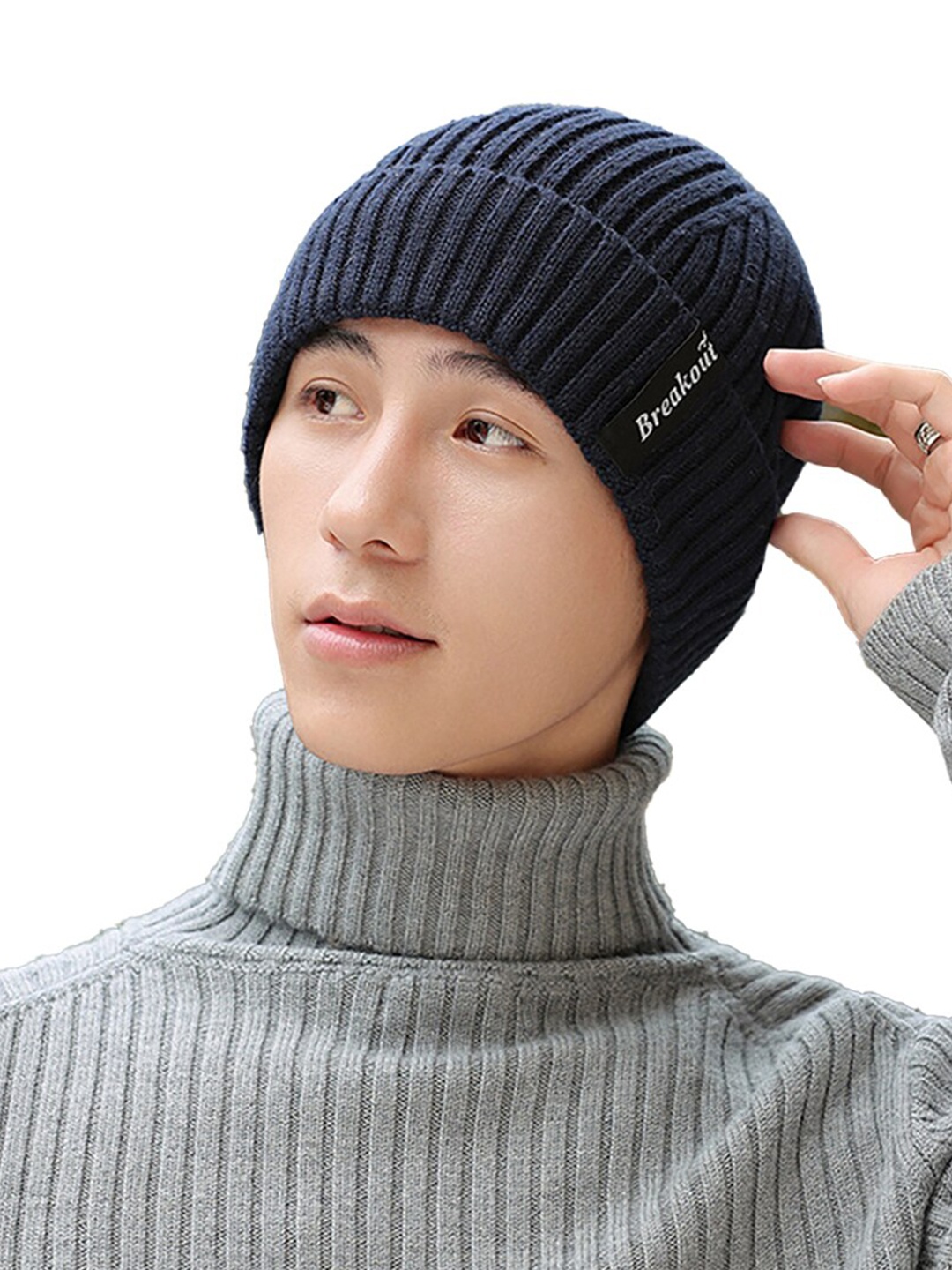 

YOUSTYLO Unisex Self Design Woollen Beanie, Navy blue