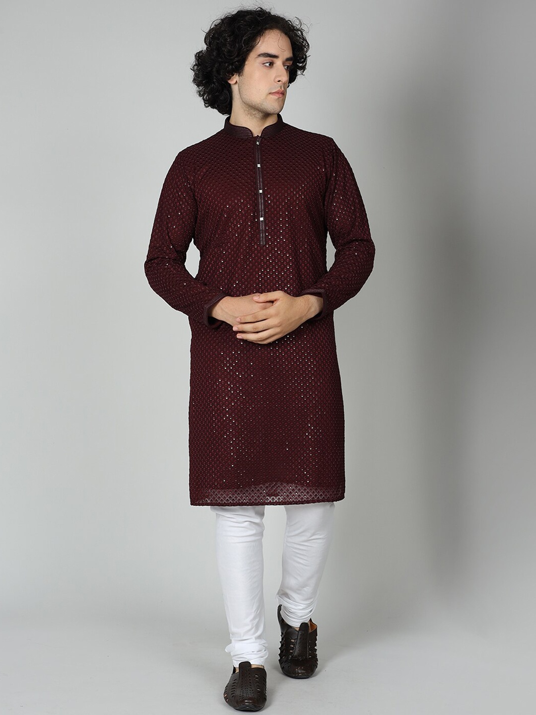 

MAAHI FABS Sequin Embellished Mandarin Collar Straight Kurta, Maroon