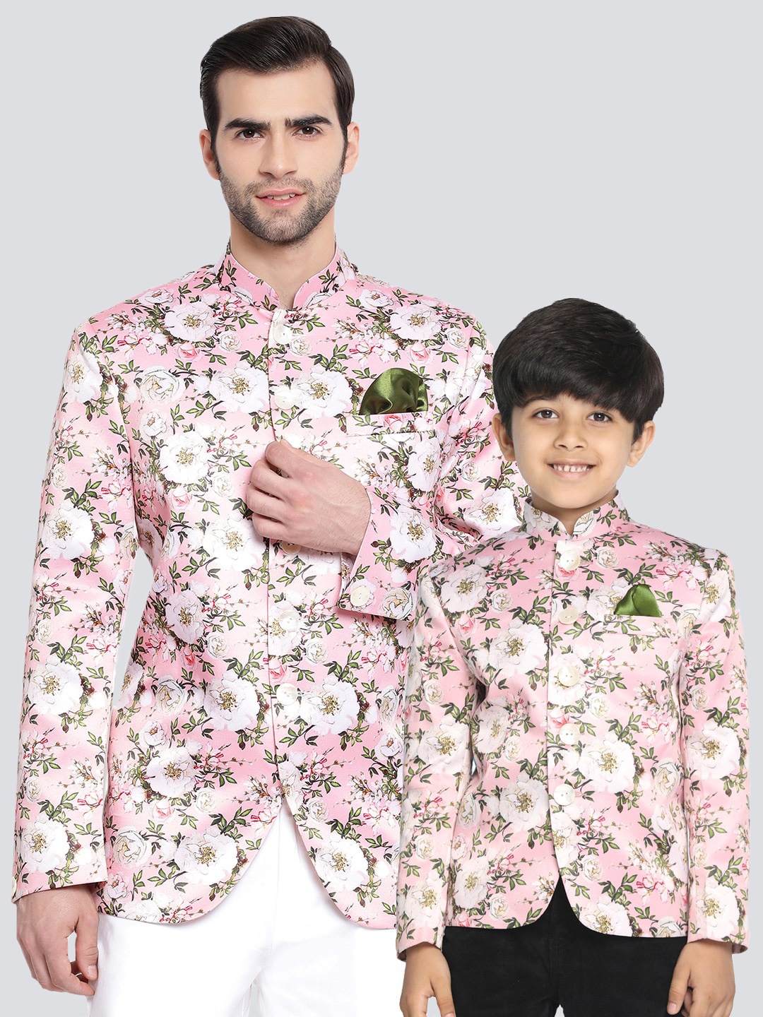 

VASTRAMAY Boys Floral Printed Slim-Fit Bandhgala Jodhpuri Blazer, Pink