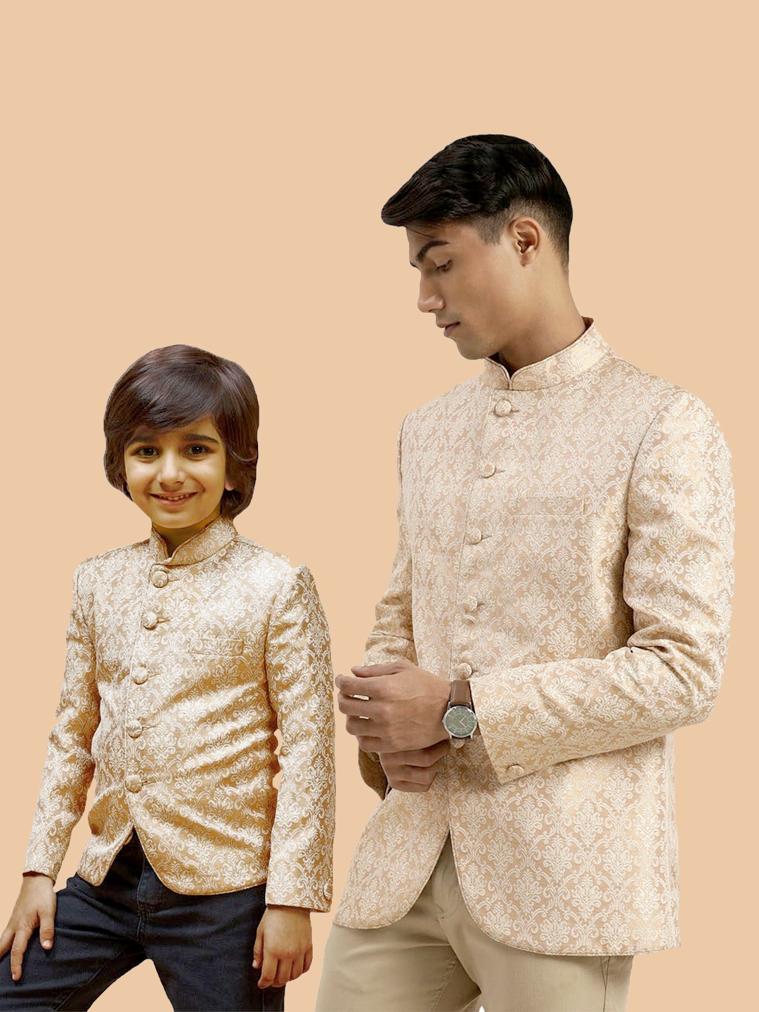 

VASTRAMAY Boys Slim Fit Jacquard Woven Design Silk Bandhagala Blazer, Beige