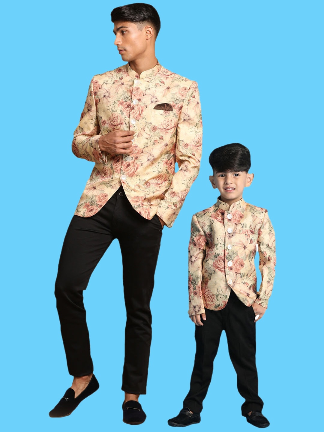 

VASTRAMAY Boys Printed Slim-Fit Bandhgala Blazer, Brown