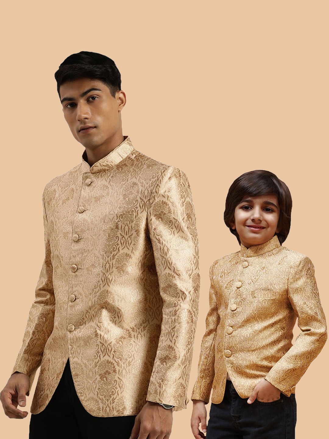 

VASTRAMAY Boys Slim Fit Jacquard Woven Design Silk Bandhagala Blazer, Rose gold
