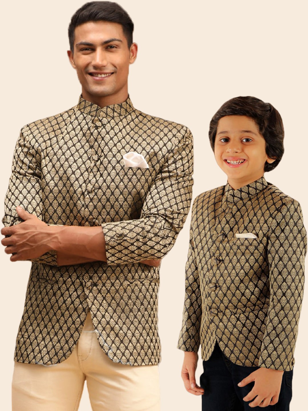 

VASTRAMAY Boys Woven Designed Slim-fit Jodhpuri Silk Jacquard Blazer, Black