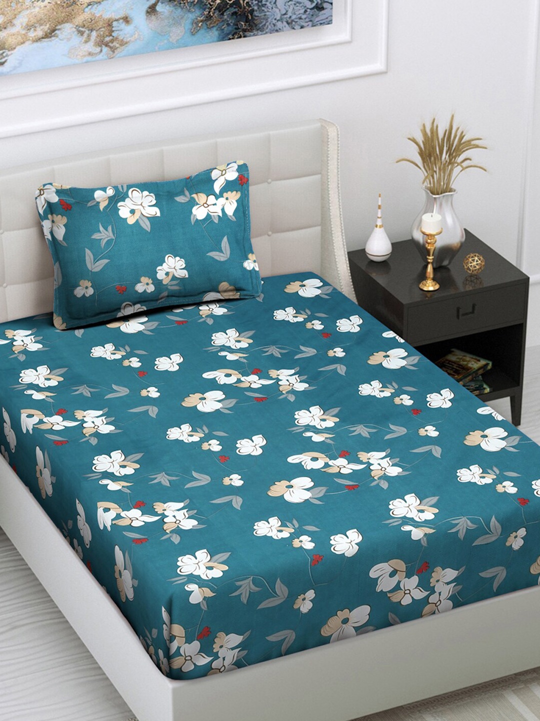 

FABINALIV Blue Floral Cotton 300 TC Single Bedsheet with 1 Pillow Cover