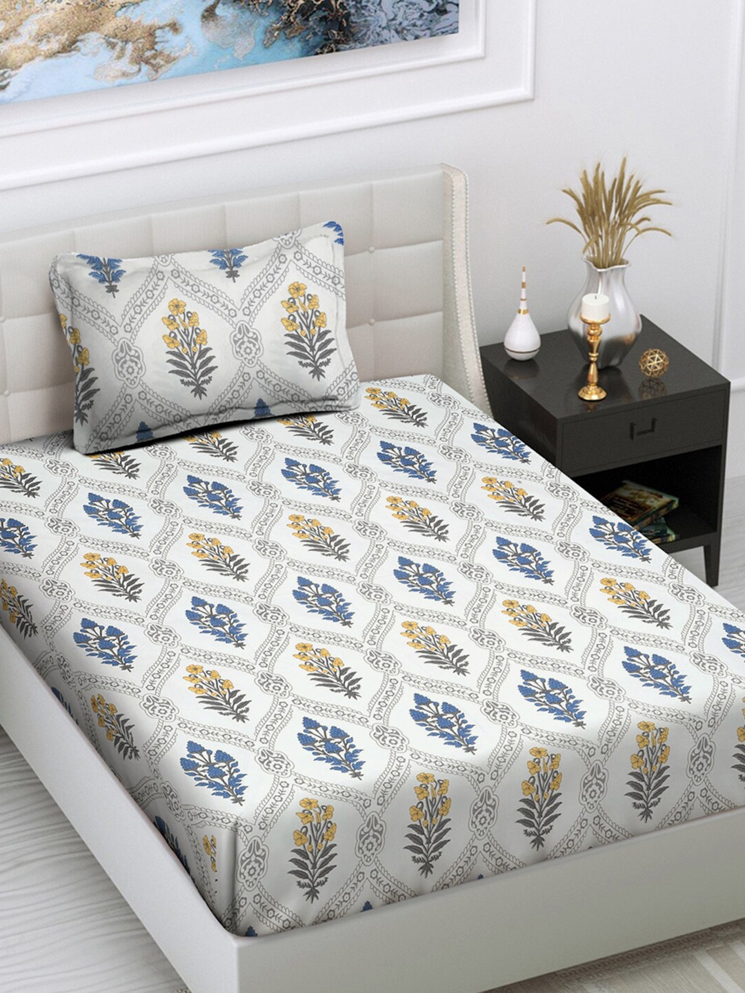 

FABINALIV White Blue Floral 300 TC Single Bedsheet with 1 Pillow Cover