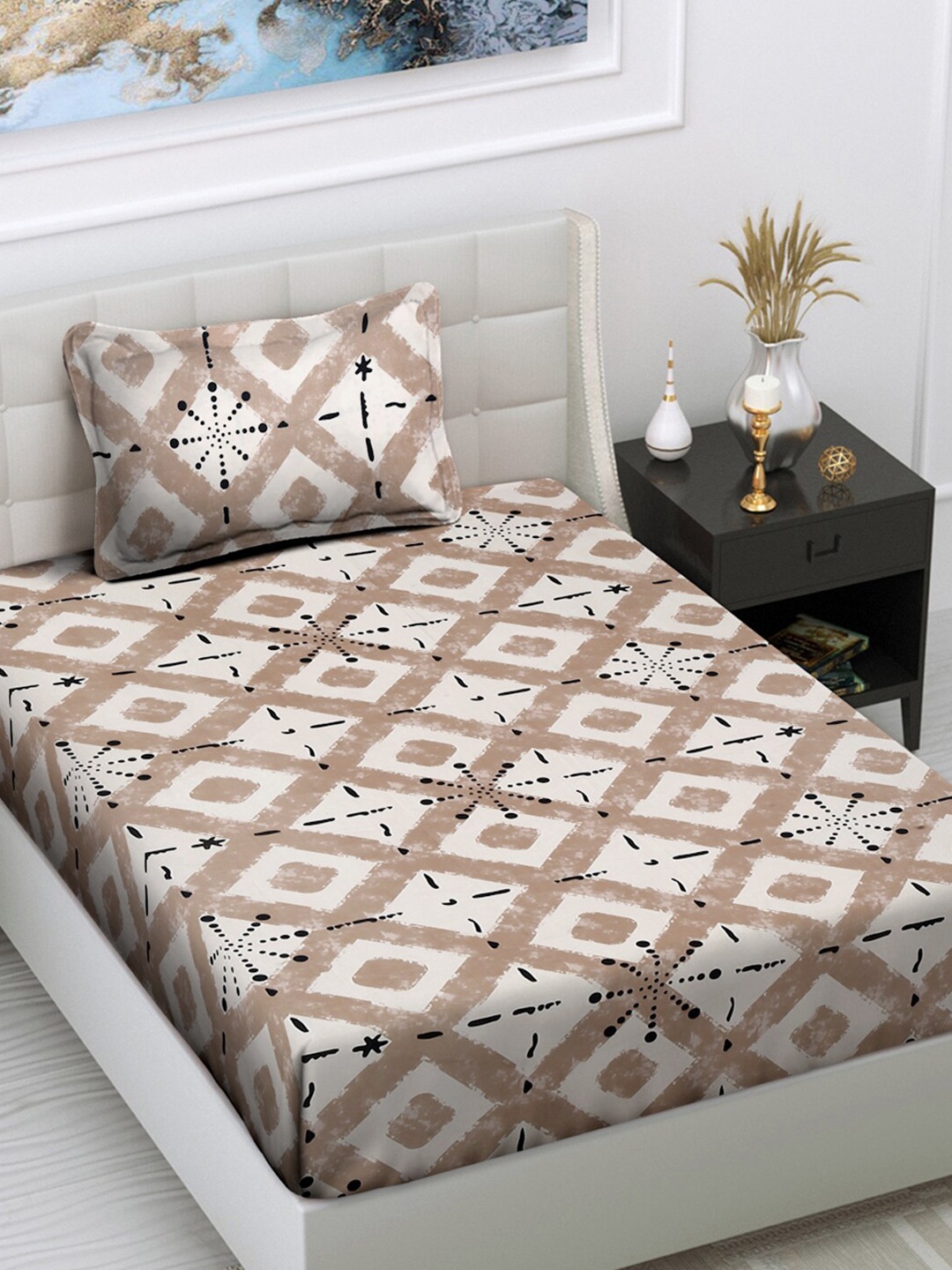 

FABINALIV Beige & White Geometric 300 TC Single Bedsheet With 1 Pillow Cover, Brown