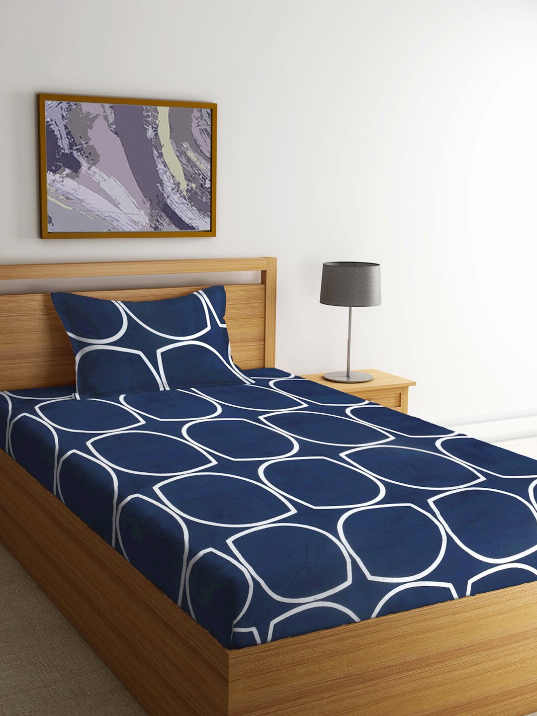 

FABINALIV Blue White Geometric 300 TC Single Bedsheet with 1 Pillow Cover