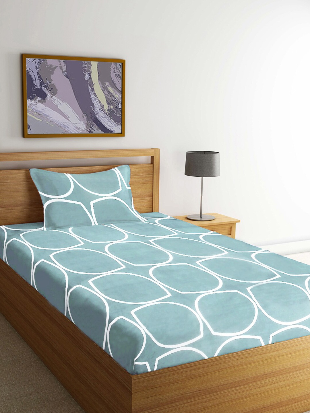 

FABINALIV Teal Blue Geometric 300 TC Cotton Bedsheet with Pillow Cover