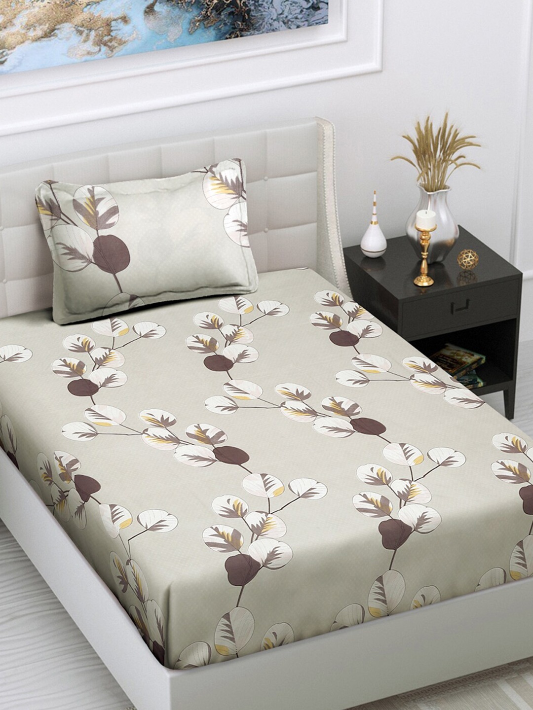 

FABINALIV Grey & Brown Floral 300 TC Single Bedsheet With 1 Pillow Cover
