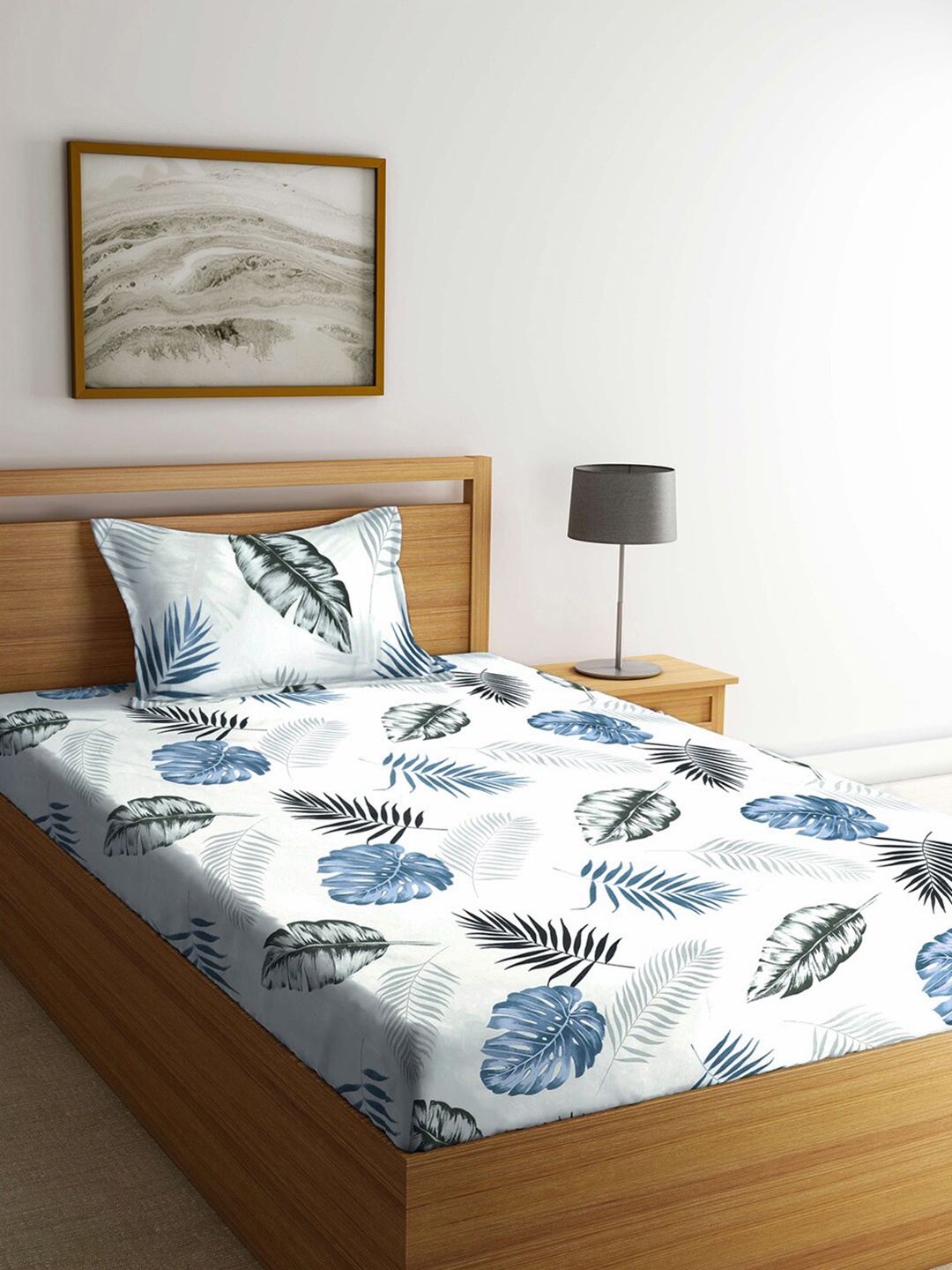 

FABINALIV White & Blue Floral 300 TC Single Bedsheet With 1 Pillow Cover