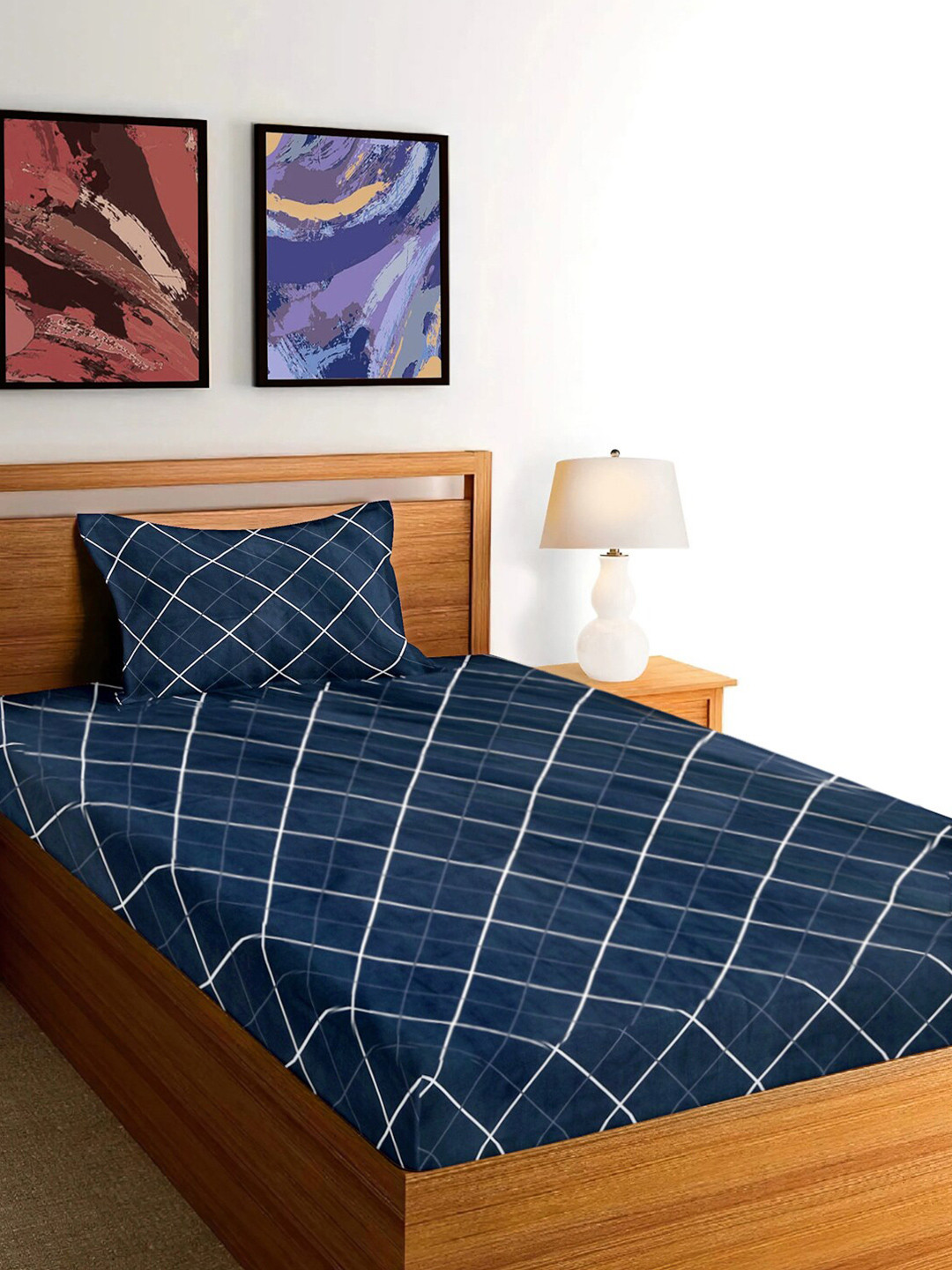 

FABINALIV Blue & White Geometric 300 TC Cotton Bedsheet with Pillow Cover