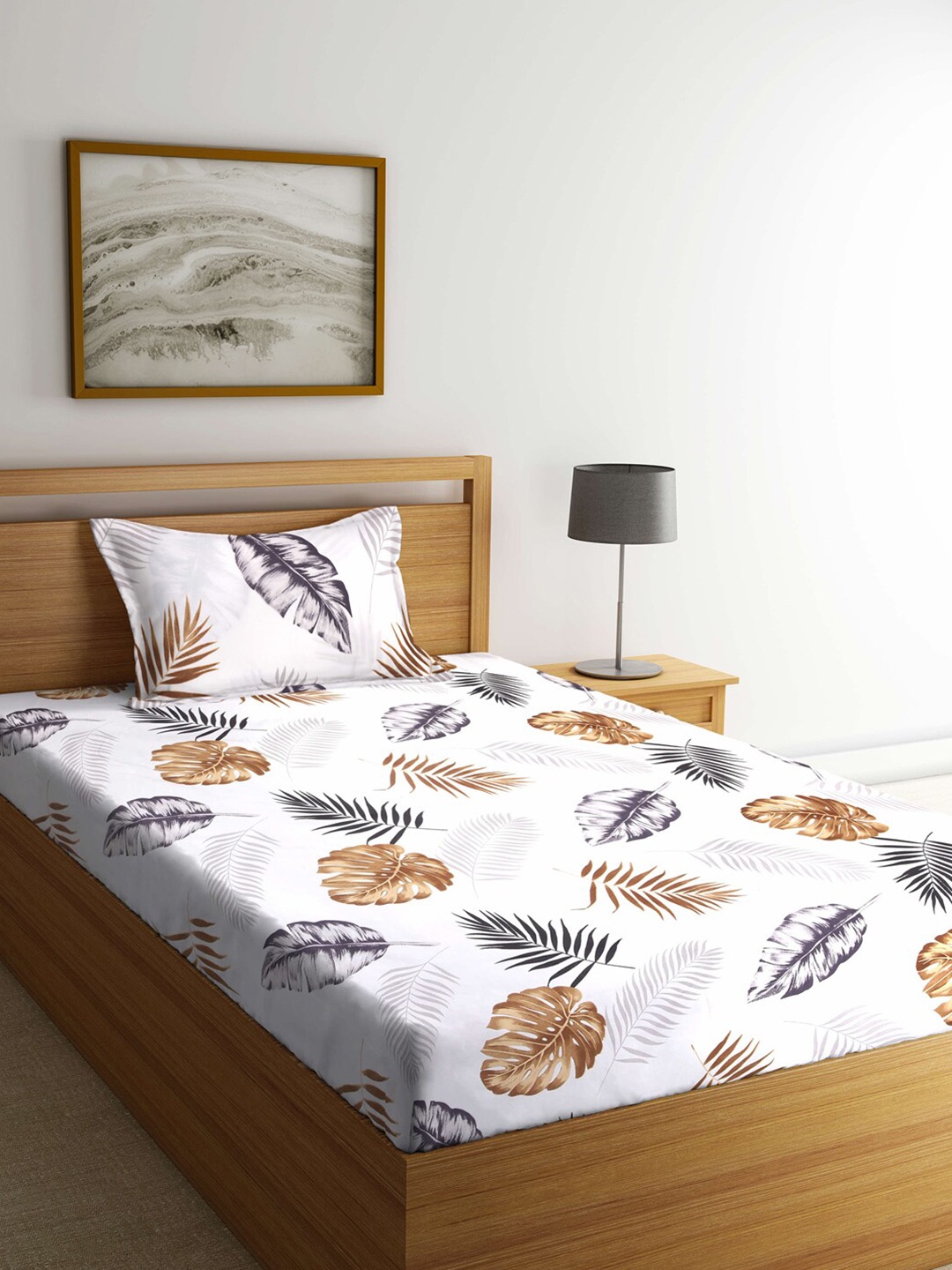 

FABINALIV Floral 300 TC Cotton 1 Single Bedsheet with 1 Pillow Cover, White