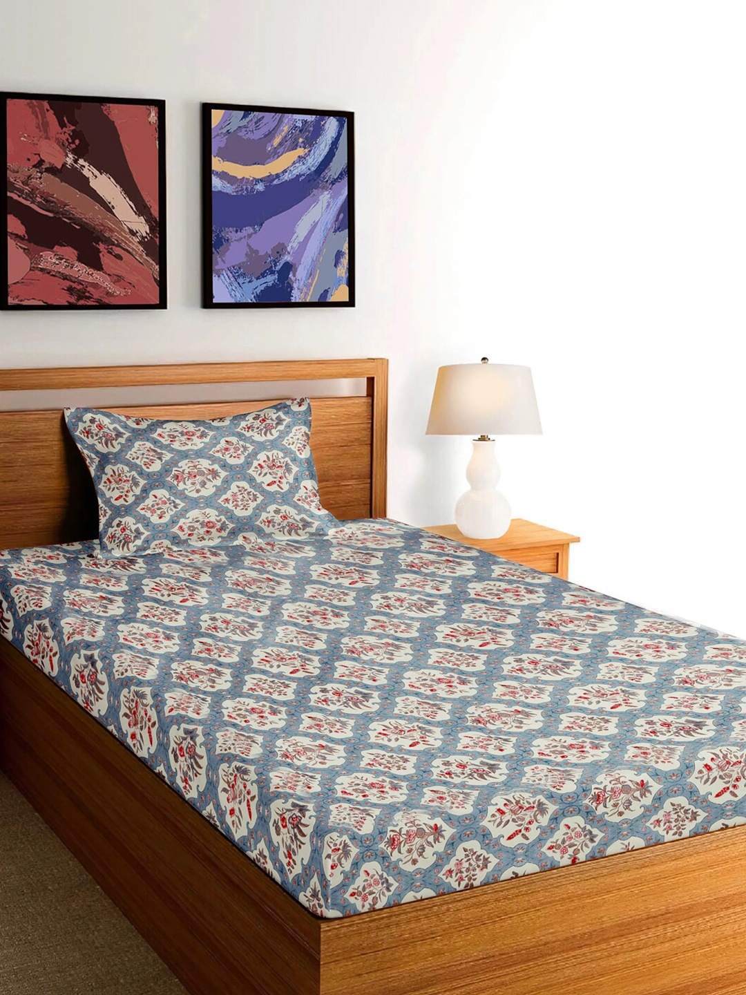 

FABINALIV Grey Floral Cotton 300 TC Single Bedsheet with 1 Pillow Covers