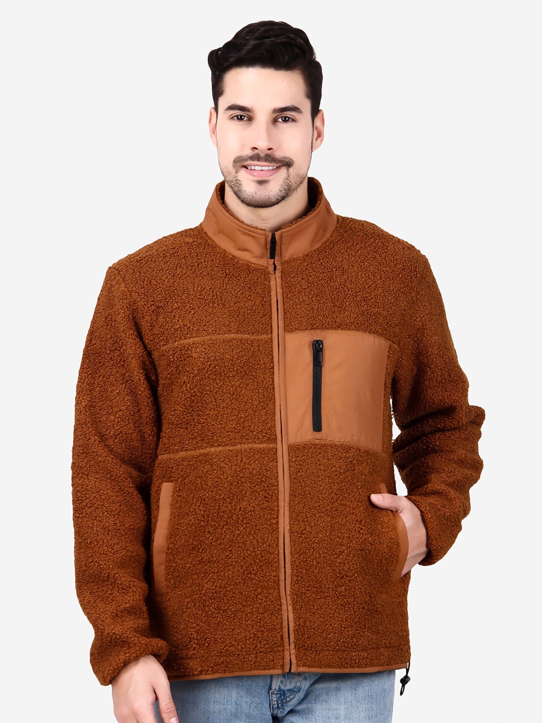 

PERFKT-U Mock Neck Fleece Front-Open Sweatshirt, Mustard