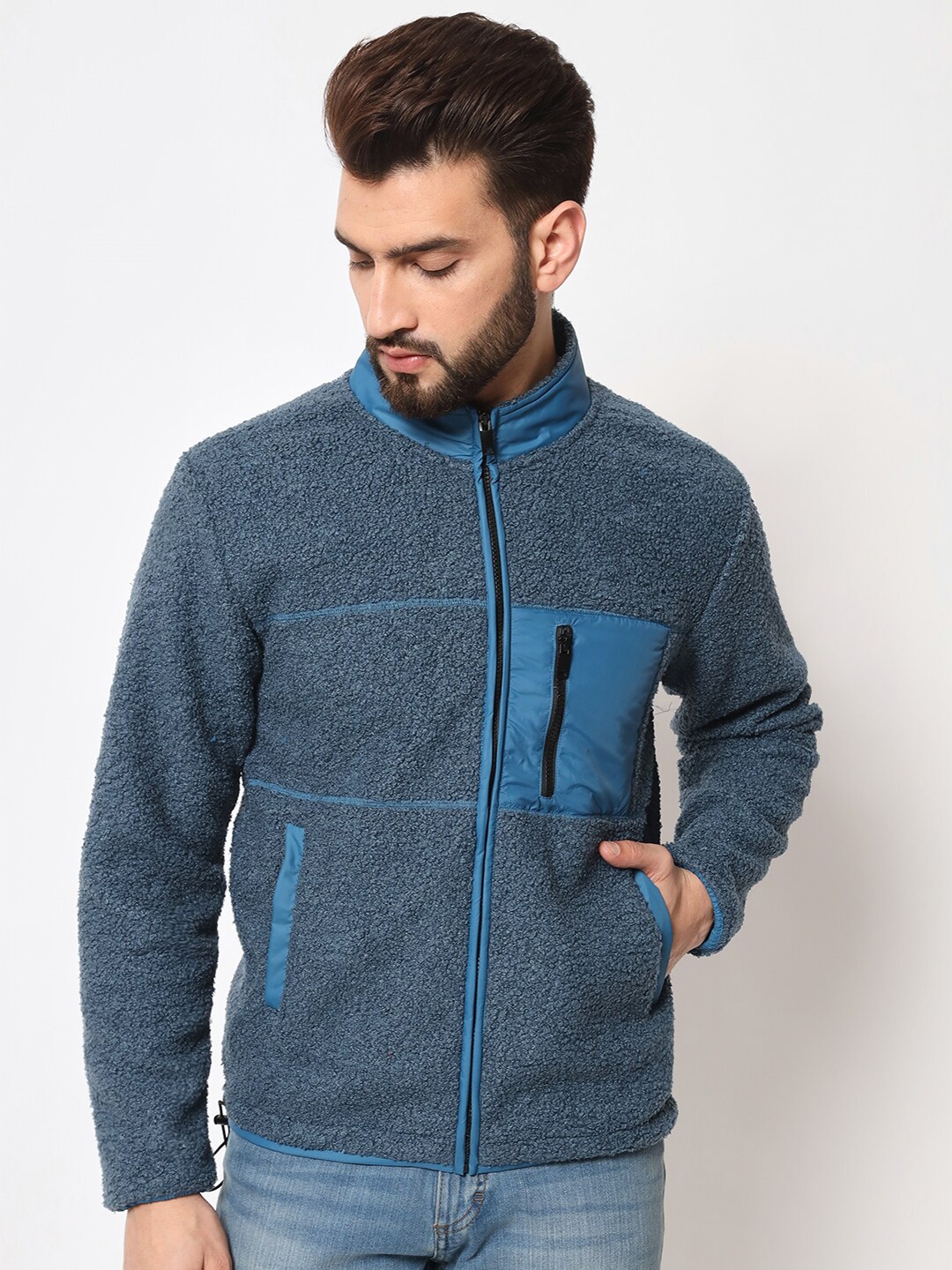 

PERFKT-U Self Design Fluffy Yarn Fleece Mock Collar Tailored Jacket, Blue