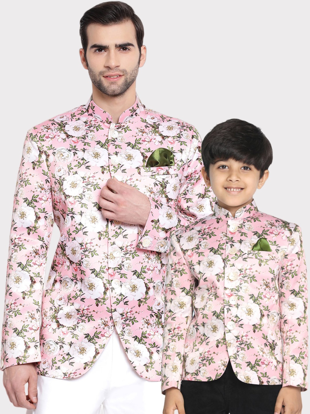 

VASTRAMAY Floral Printed Slim-Fit Bandhagala Blazer, Pink