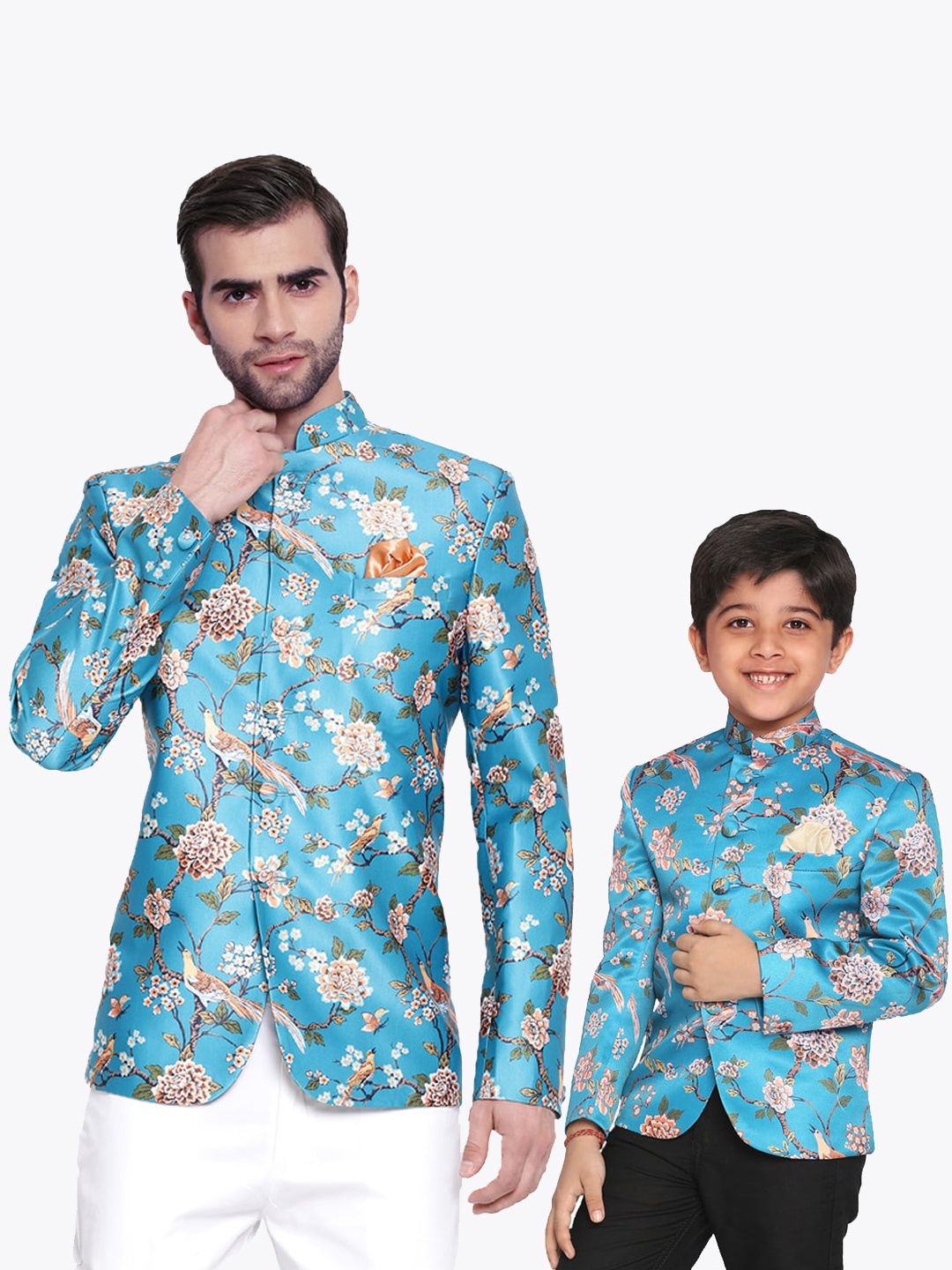

VASTRAMAY Floral Printed Mandarin Collar Slim-Fit Bandhgala Party Blazer, Turquoise blue