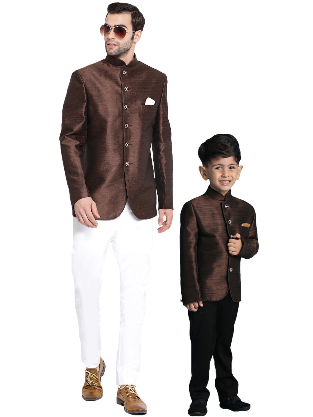 

VASTRAMAY Mandarin Collar Slim-Fit Bandhgala Blazer, Coffee brown