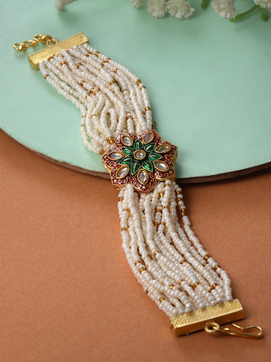 

Sanjog Gold-Plated Pearl & Kundan Studded Meenakari Engraved Multi-Strand Bracelet
