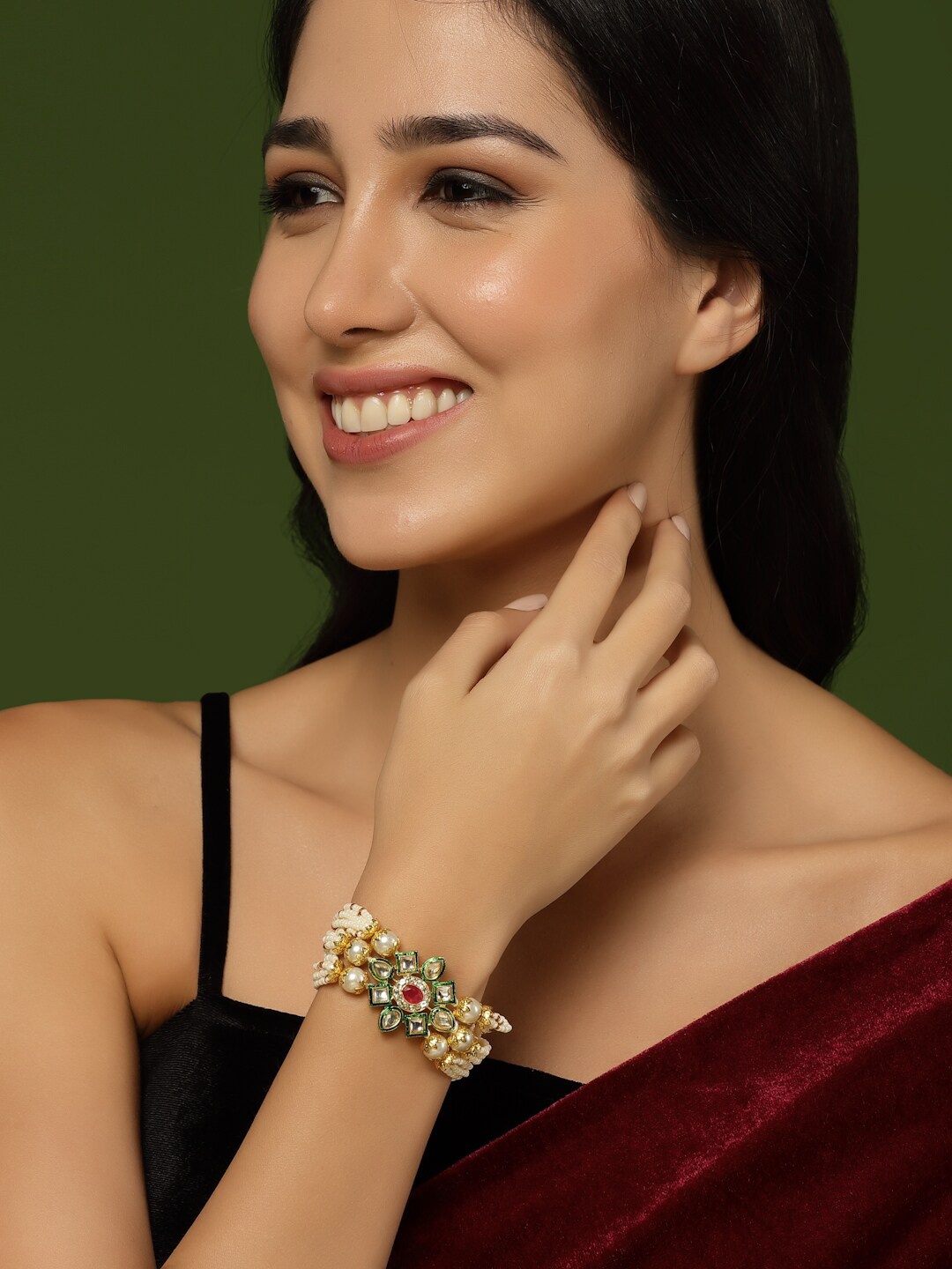 

Sanjog Gold-Plated Pearl & Kundan AD Studded Meenakari Multistrand Bracelet