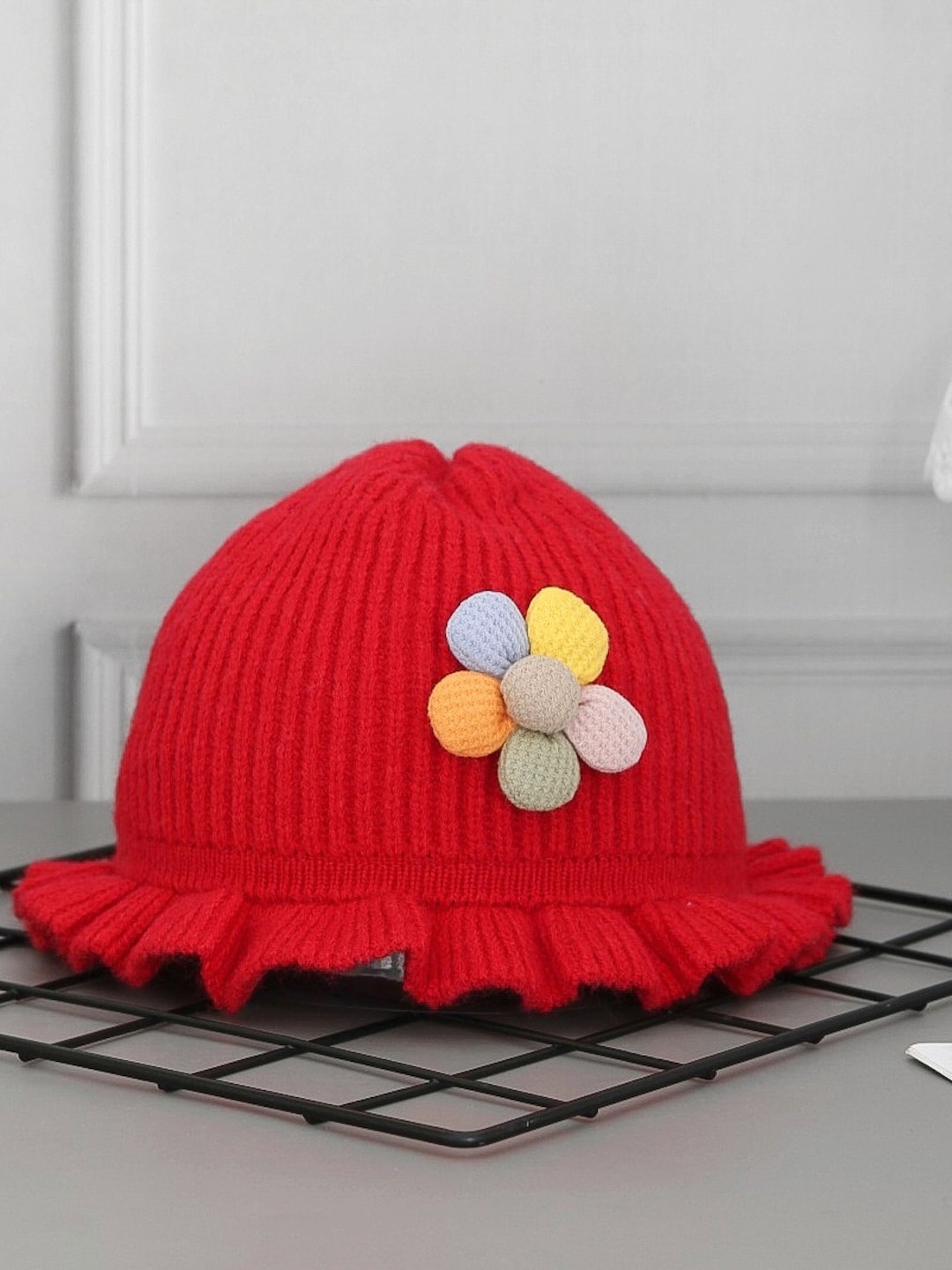 

Yellow Bee Girls Self Design Woollen Beanie, Red