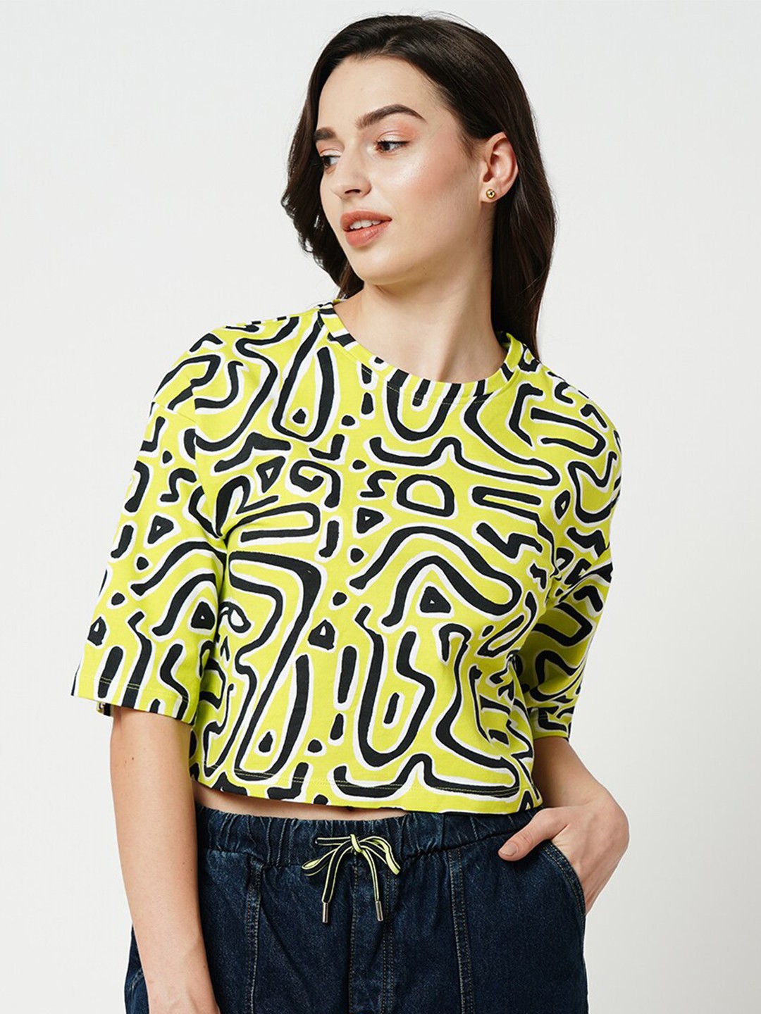 

ONLY Abstract Printed Drop-Shoulder Sleeves Pure Cotton T-shirt, Yellow