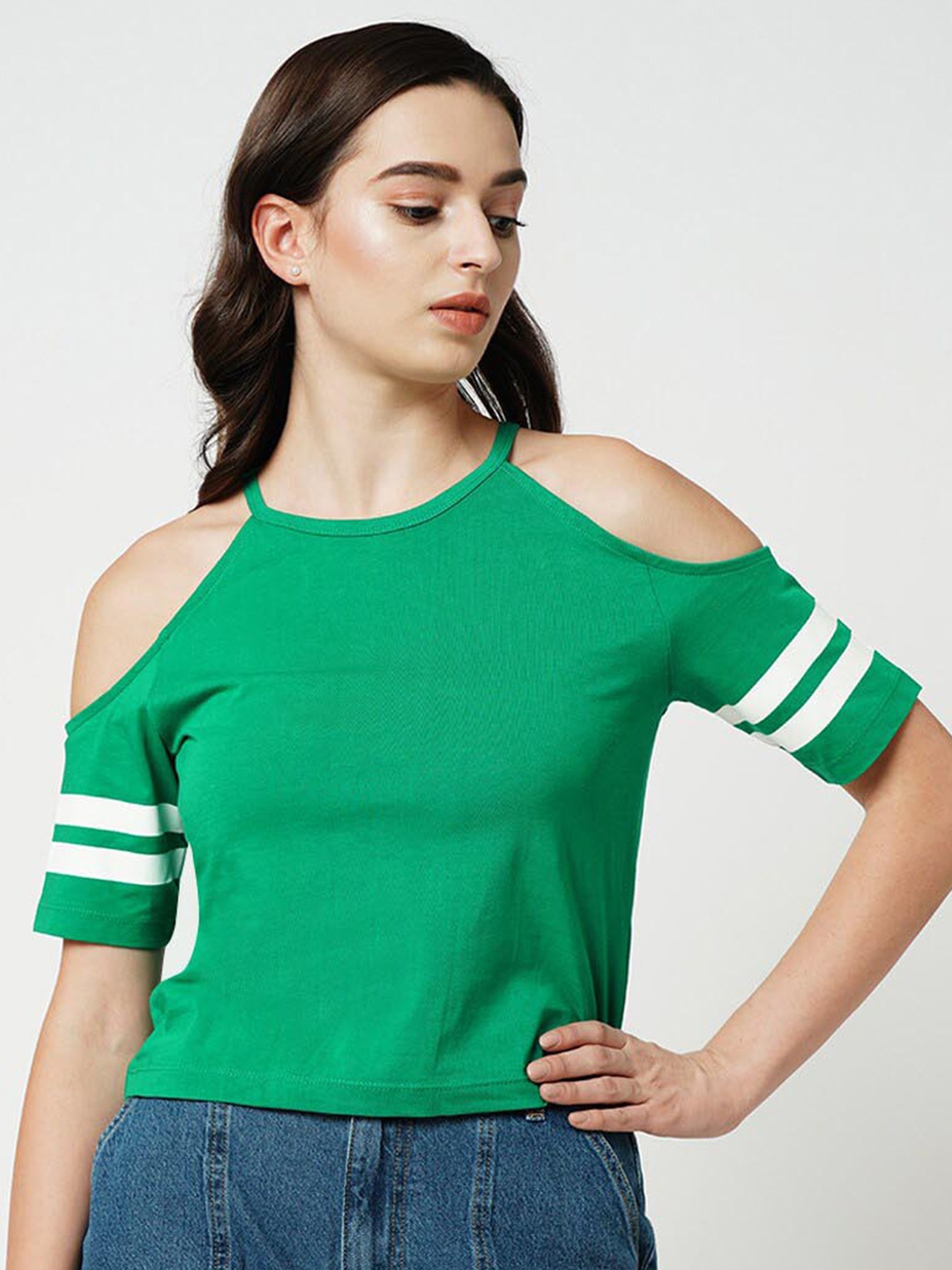 

ONLY Striped Cold-Shoulder Sleeves Round Neck Pure Cotton T-shirt, Green