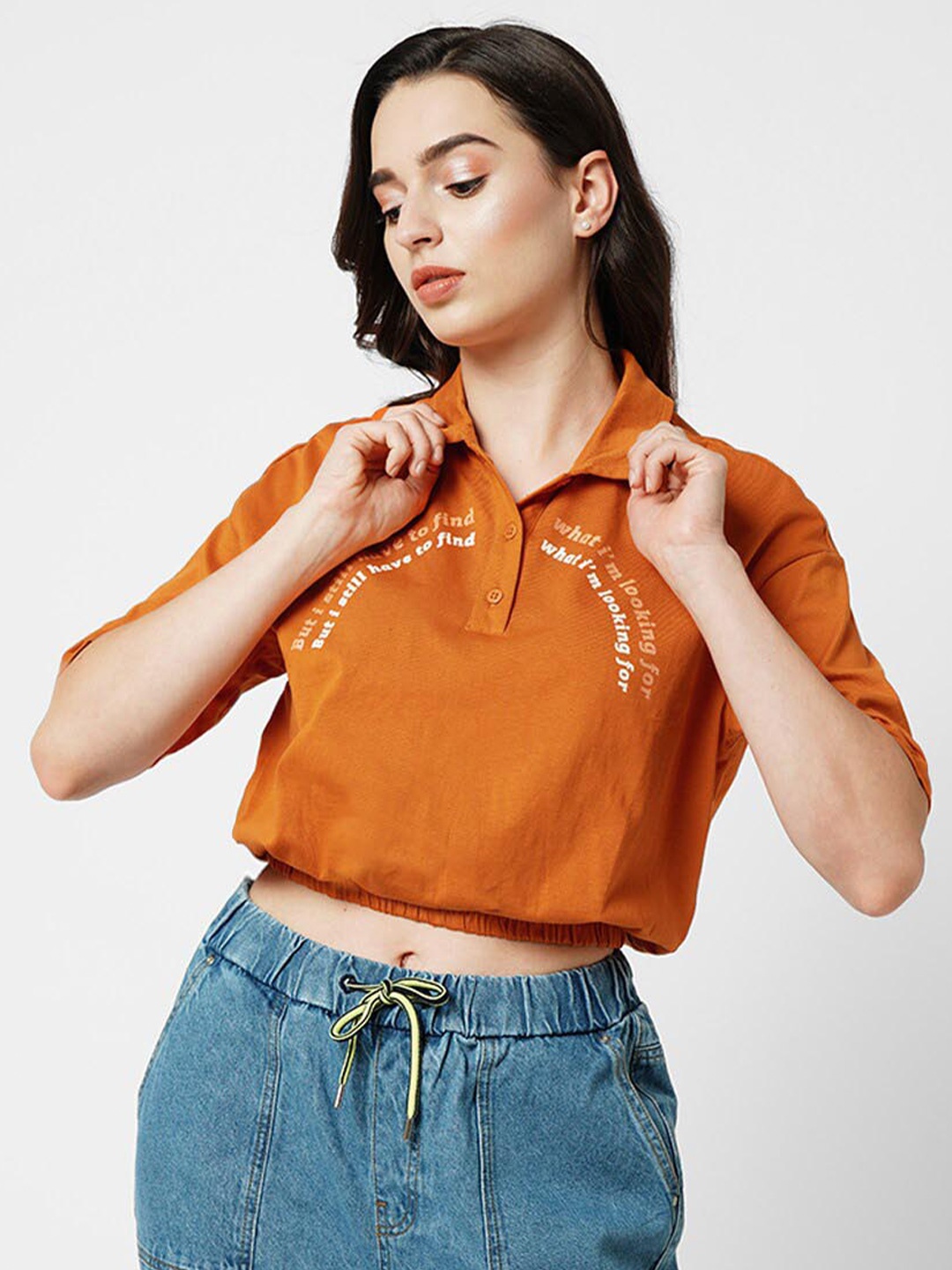 ONLY Typography Printed Polo Collar Pure Cotton T-shirt, Rust