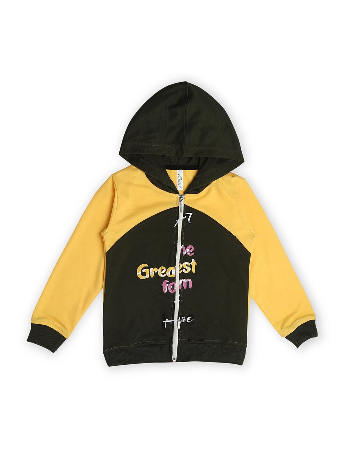

earth conscious Girls Colourblocked Hooded Cotton Front-Open Sweatshirt, Yellow
