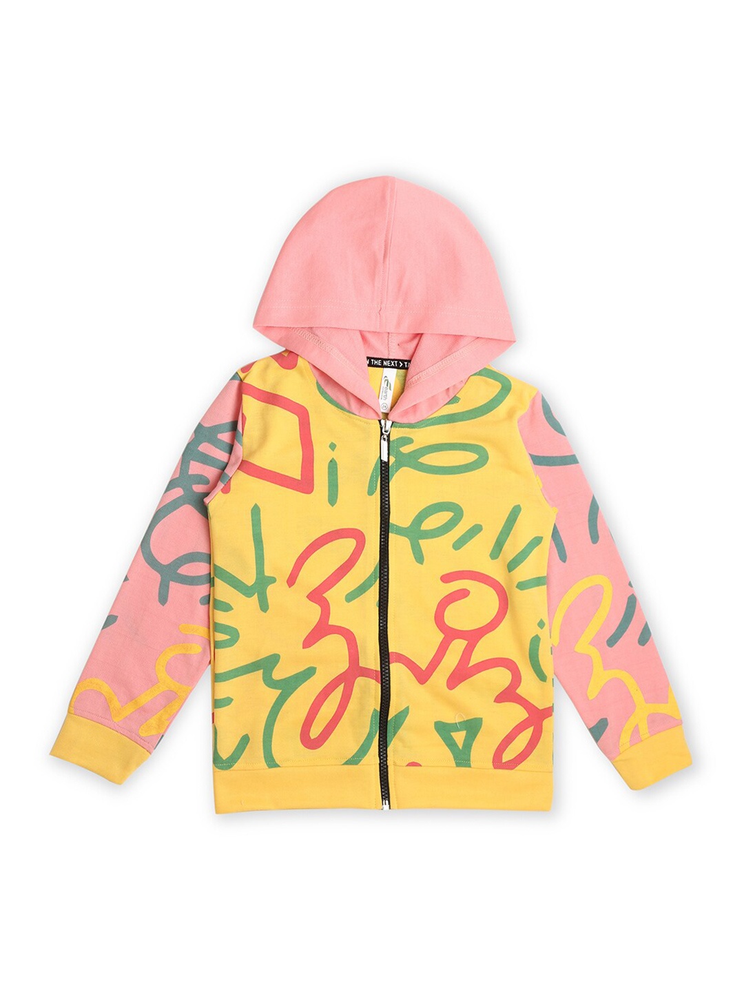 

earth conscious Girls Abstract Printed Hooded Cotton Front-Open Sweatshirt, Yellow