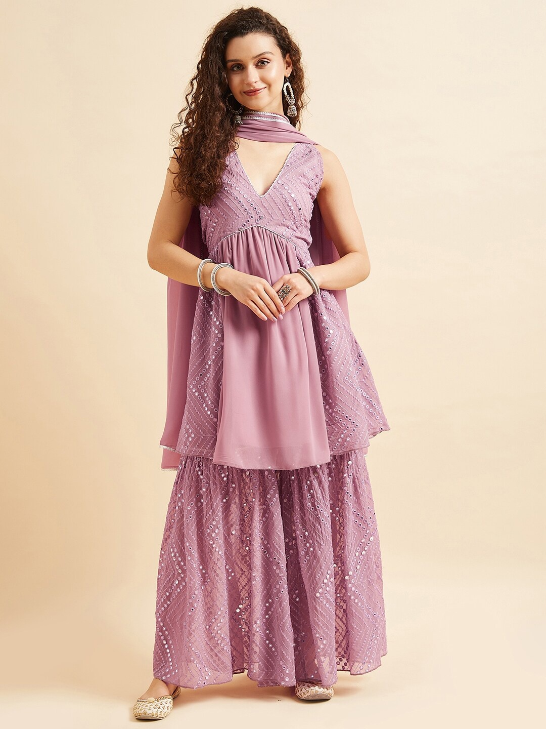 

PANIT Pink Floral Embellished Mirror Work Kurta With Sharara & Dupatta