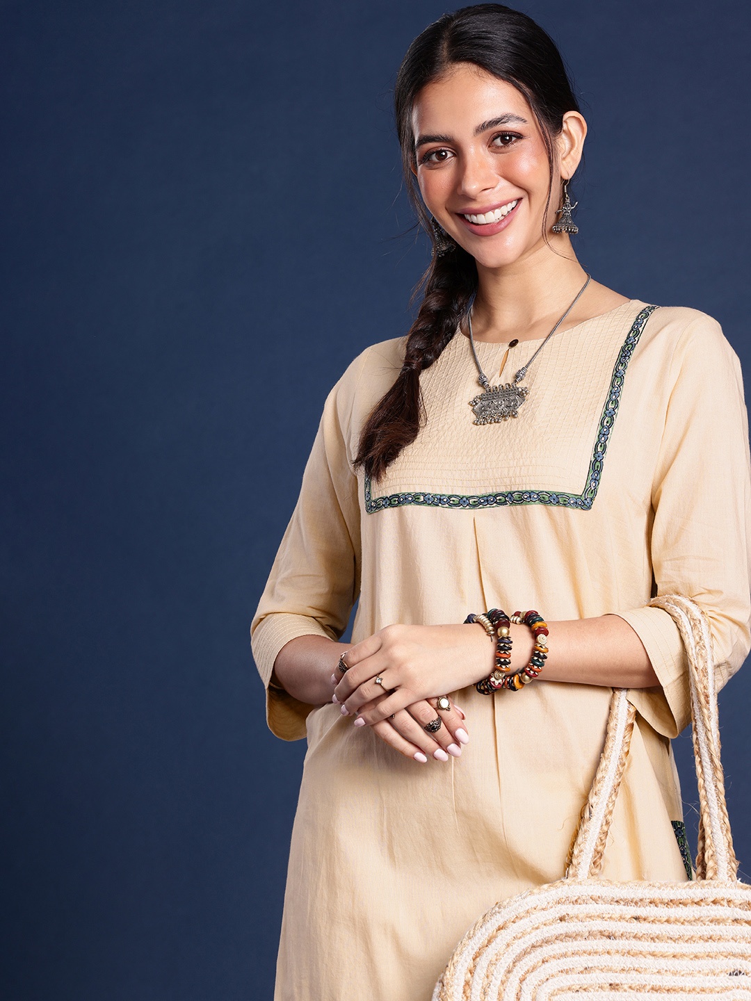 

Taavi Keyhole Neck Pure Cotton Kurta with Handblock Detail, Beige