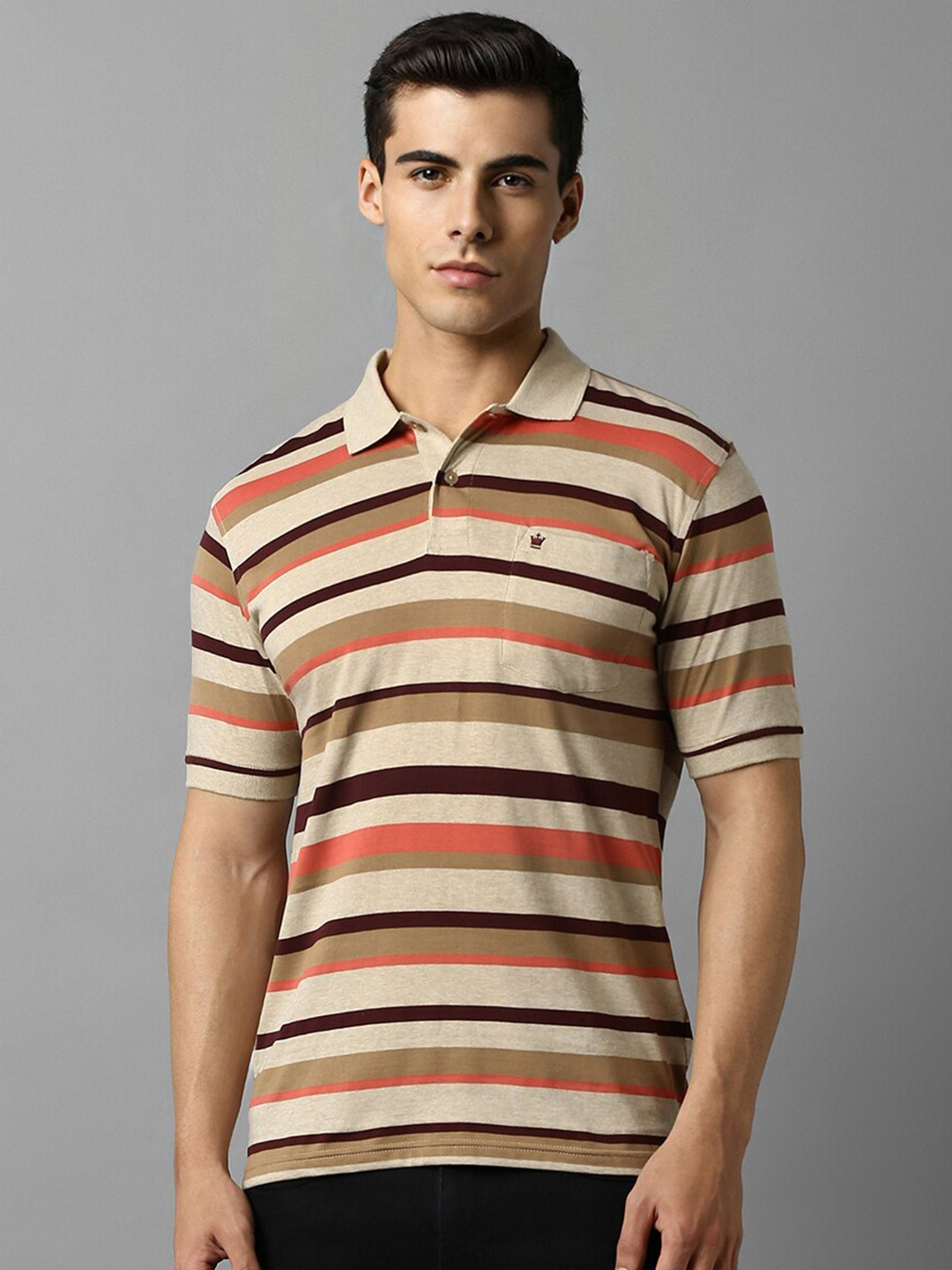 

Louis Philippe Striped Polo Collar Pure Cotton T-shirt, Beige