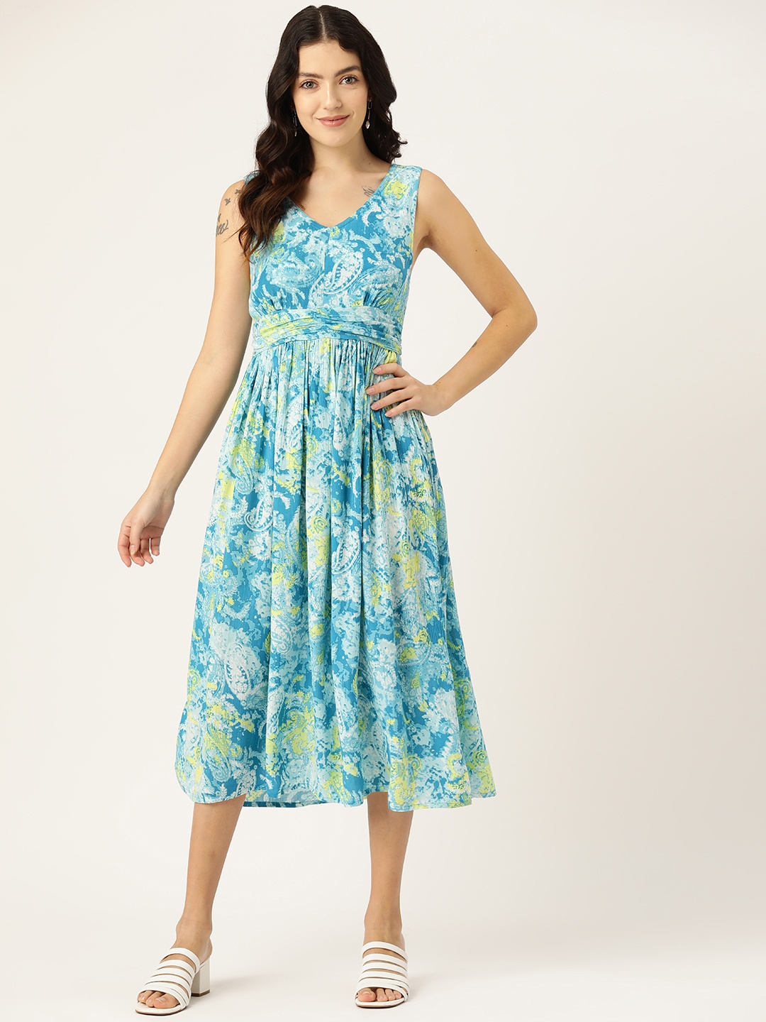 

ETC Ethnic Motifs Print Crepe Fit & Flare Midi Dress, Blue