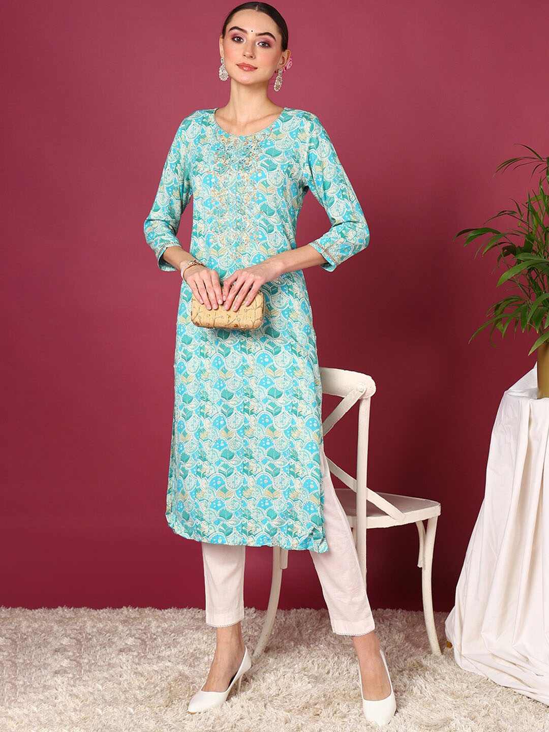 

AHIKA Ethnic Motifs Printed Three-Quarter Sleeve Thread Work Straight Kurta, Blue
