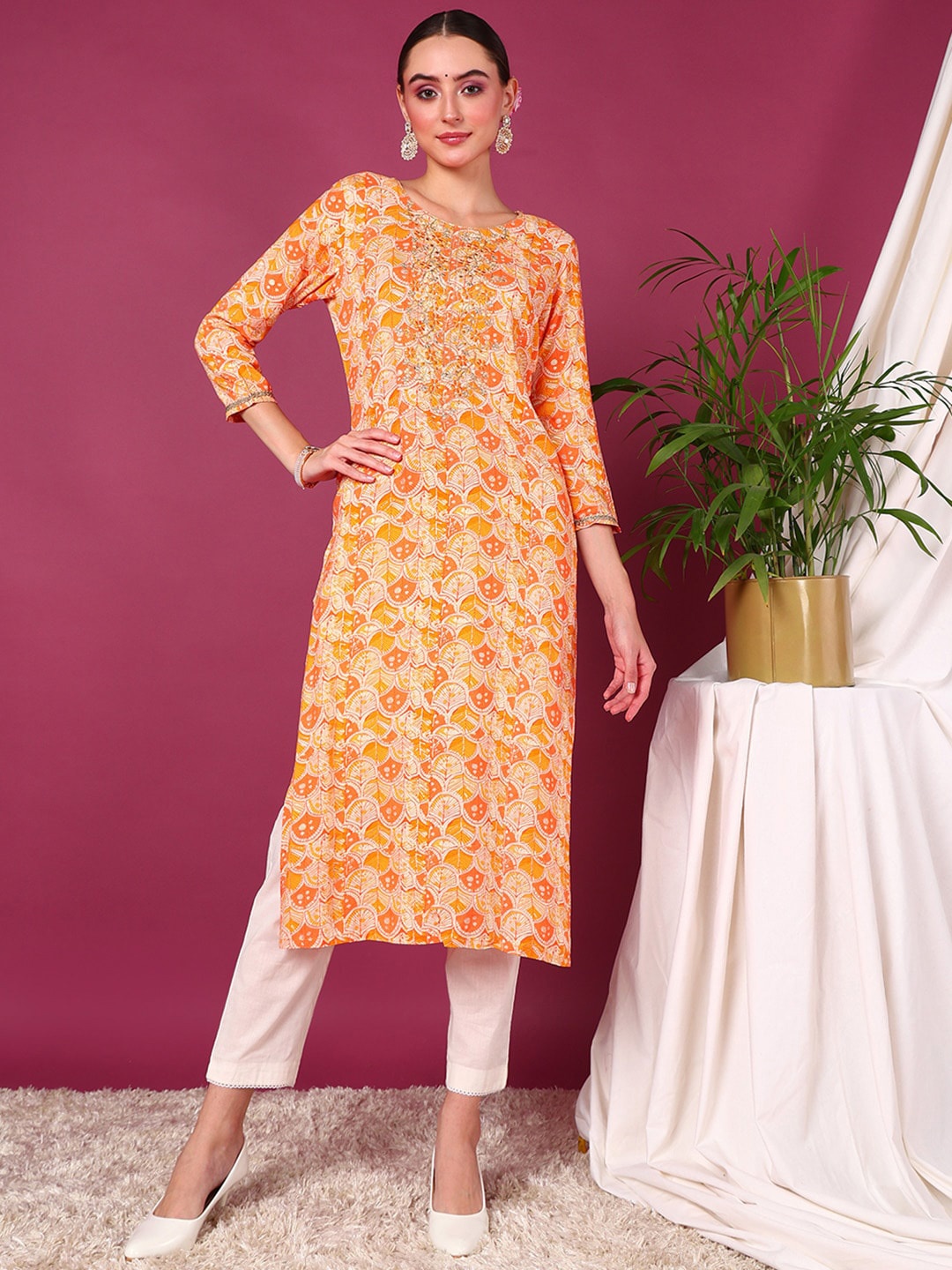 

AHIKA Ethnic Motifs Printed Thread Work Kurta, Orange