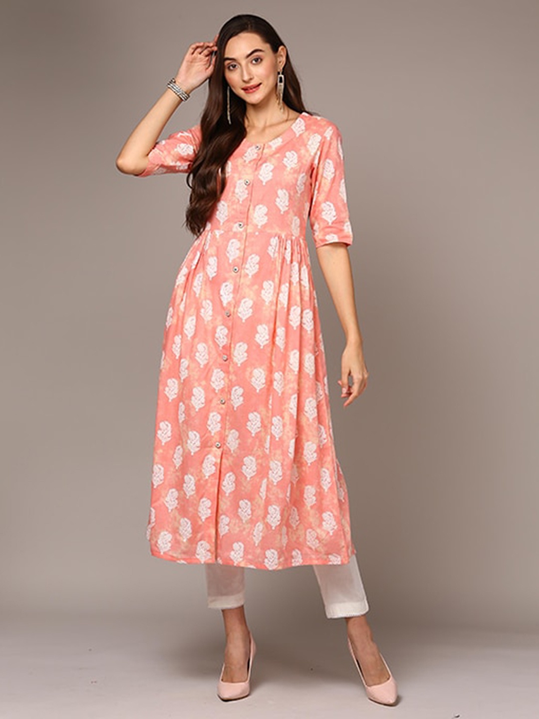 

AHIKA Floral Printed Three-Quarter Sleeve Cotton A-Line Pleated Kurta, Peach