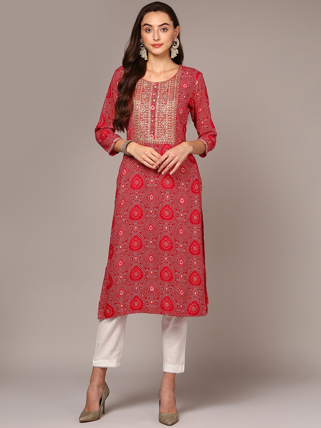 

AHIKA Bandhani Printed Zari Straight Kurta, Red