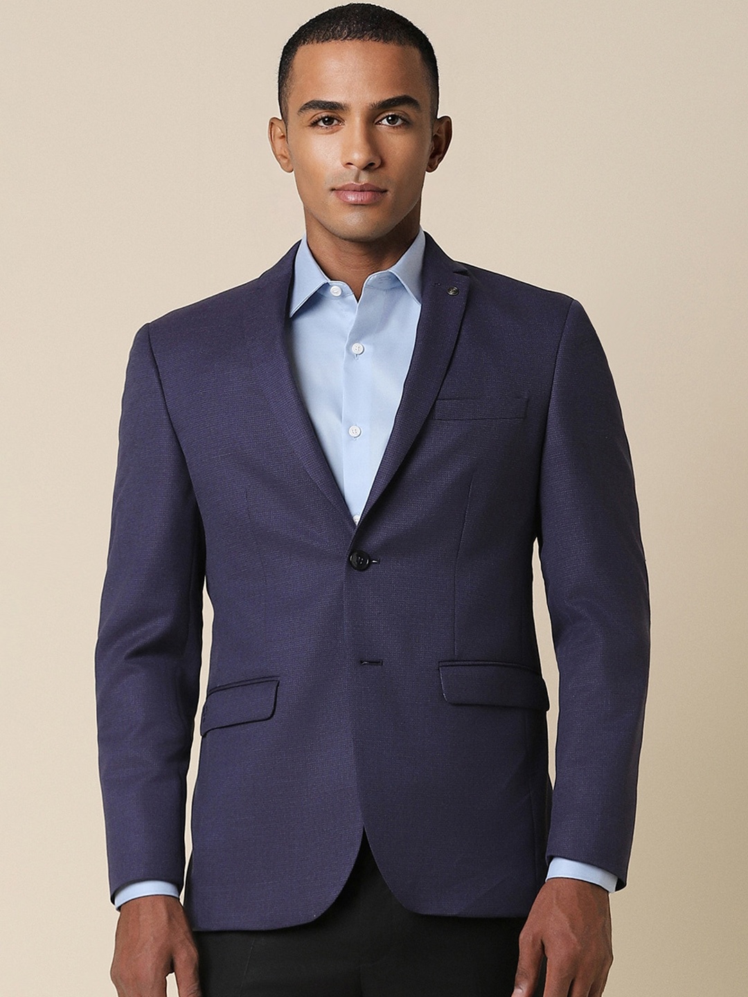 

Allen Solly Textured Notched Lapel Long Sleeves Single-Breasted Slim Fit Formal Blazers, Navy blue