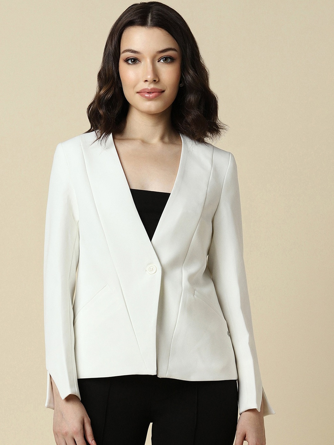 

Allen Solly Woman Shawl Collar Long Sleeves Single-Breasted Slim-Fit Blazers, White