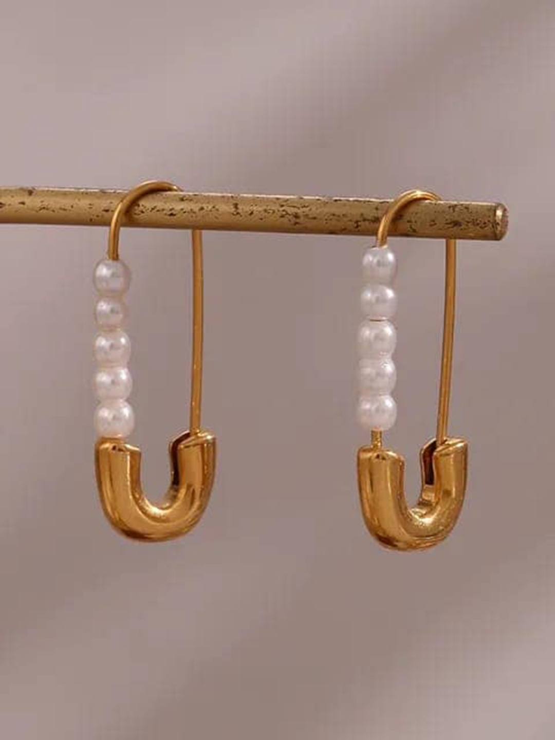 

KRYSTALZ Gold-Plated Stainless Steel Pearls Beaded Contemporary Hoop Earrings