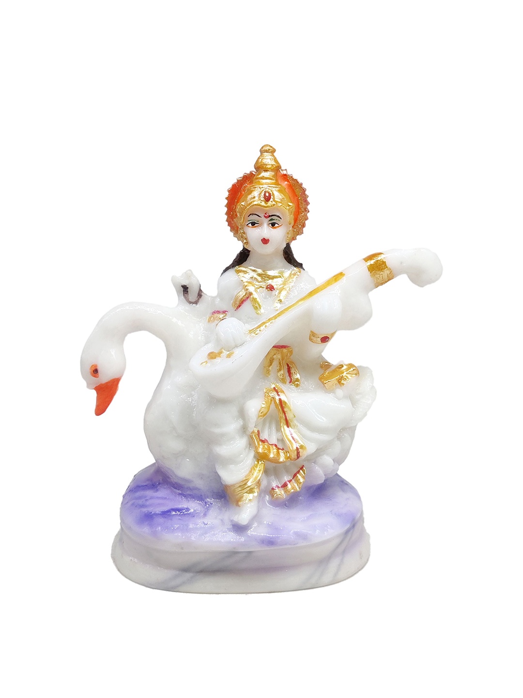 

GLOOKS Blue & White Textured Saraswati Maa On Swan Marble Idol Showpiece