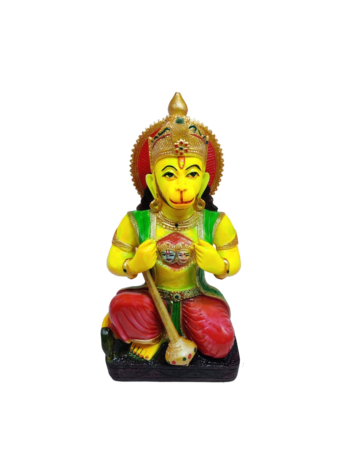 

GLOOKS Yellow & Red Lord Hanuman Ram Sita On Chest Idol Marble Dust Showpiece