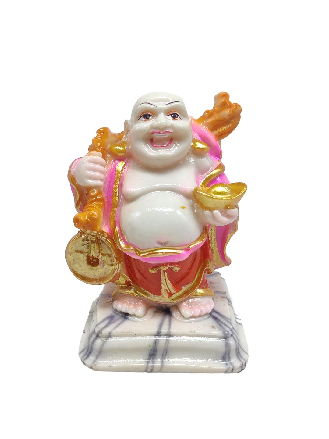 

GLOOKS White & Yellow Laughing Buddha Marble Dust Statue Showpiece
