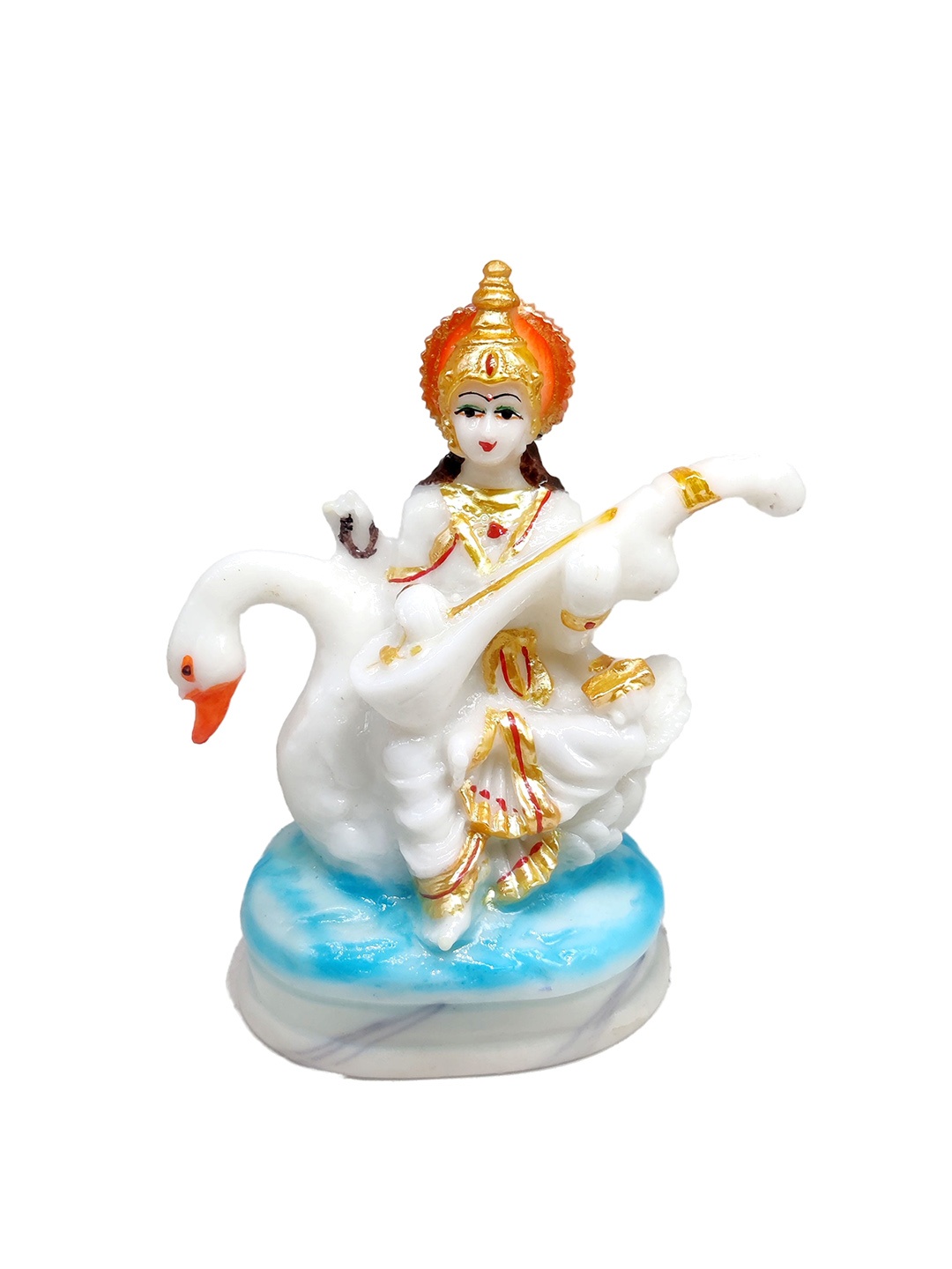

GLOOKS White & Blue Saraswati Maa on Swan Marble Dust Idol Showpiece