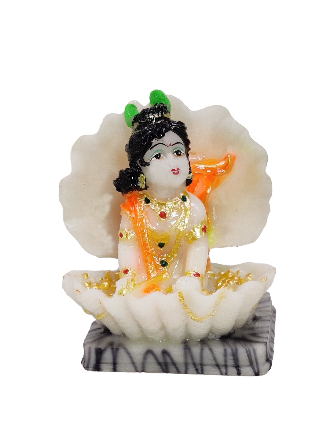 

GLOOKS White & Orange Textured Krishna Marble Dust Idol Showpiece