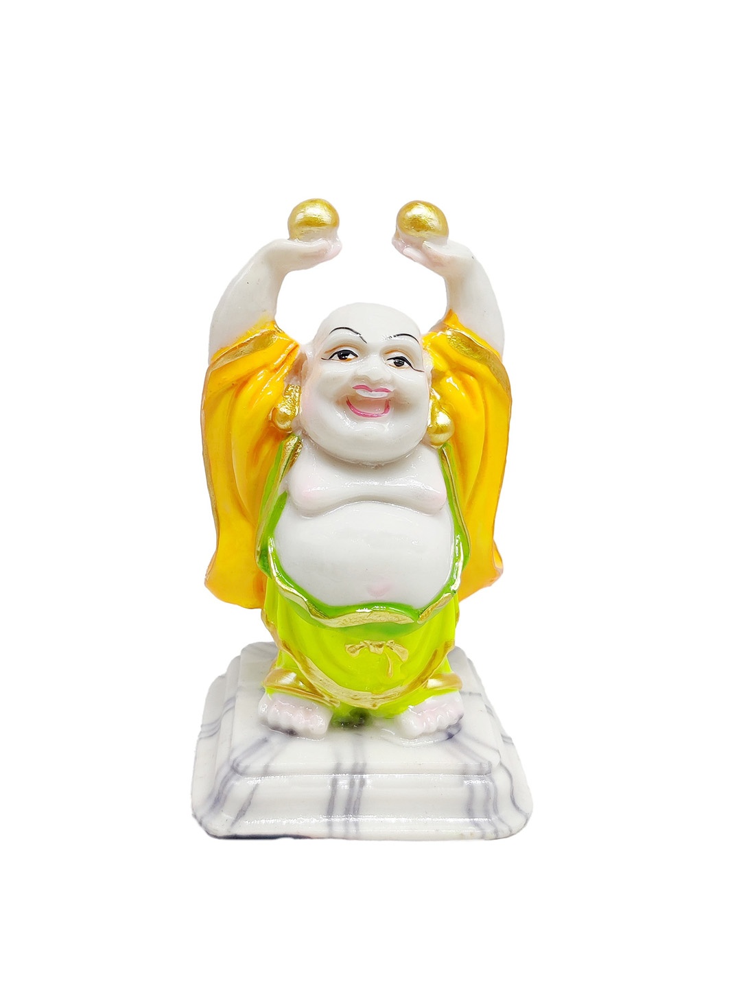 

GLOOKS White & Yellow Laughing Buddha Marble Dust Statue Showpiece