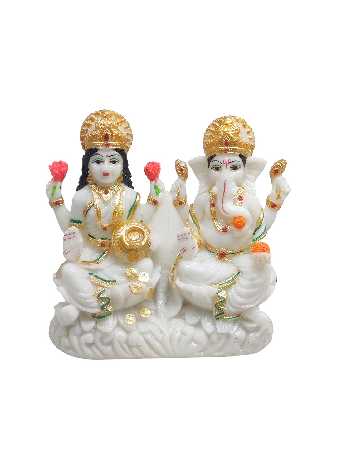 

GLOOKS White & Gold Toned Ganesha Lakshmi Joint Marble Dust Statue Showpiece