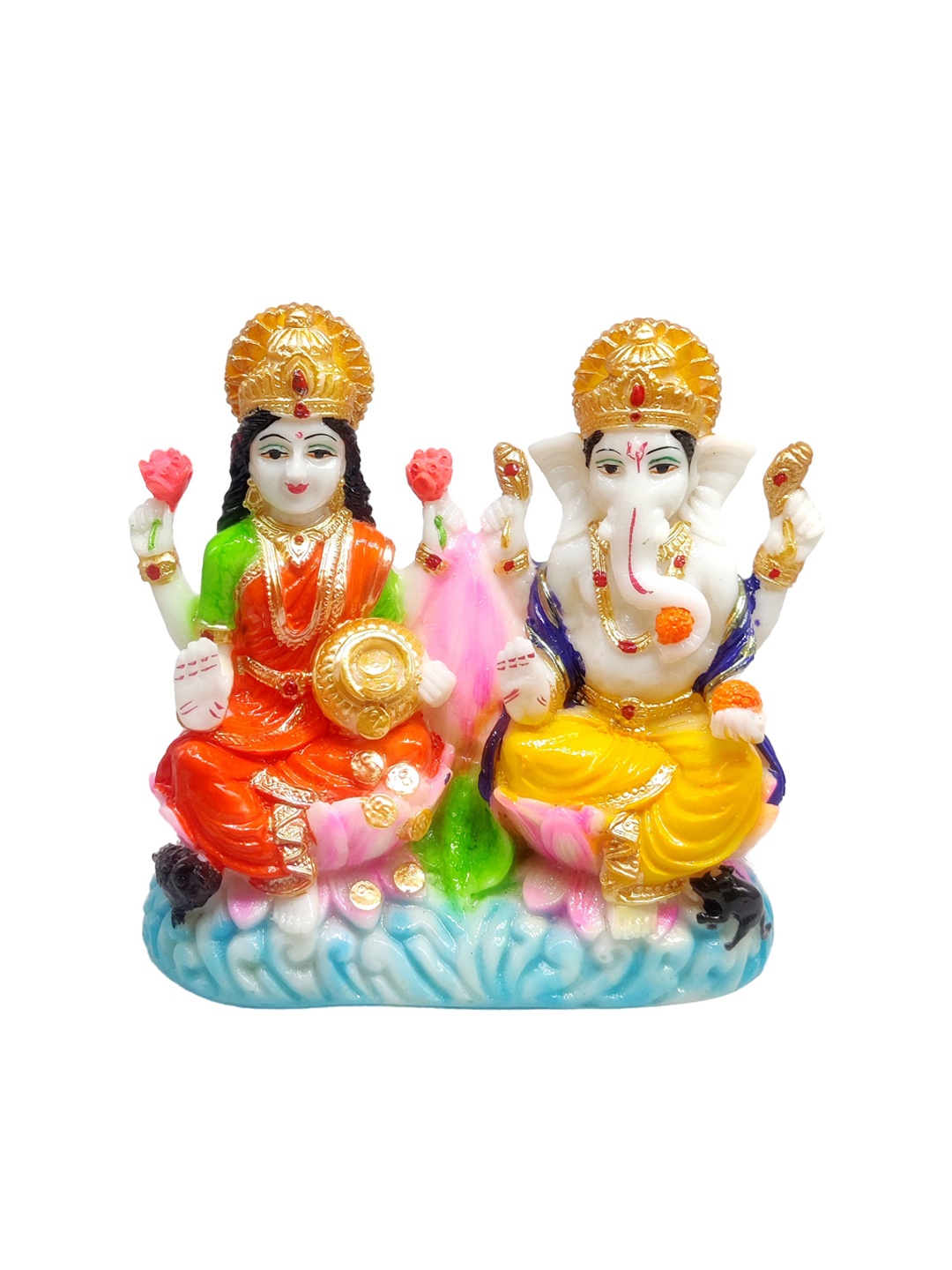 

GLOOKS Red & Yellow Textured Laxmi Ganesha Marble Idol Showpiece
